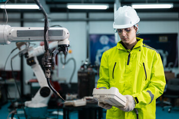 Robotic automatic technician man holding remote checking plan system of automation machine....
