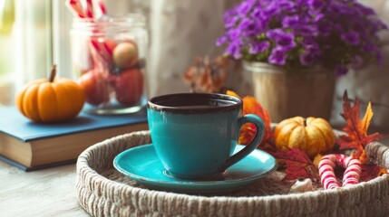 The cozy blue cup beside autumn decorations and purple flowers.
