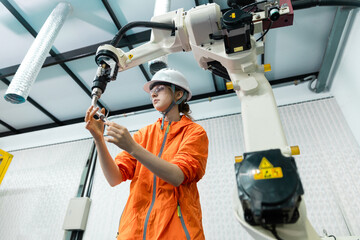 Robotic engineer women automatic mechanic checking quality system of automation robot arms machine...