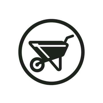Wheelbarrow illustration in a circular design for gardening and construction projects
