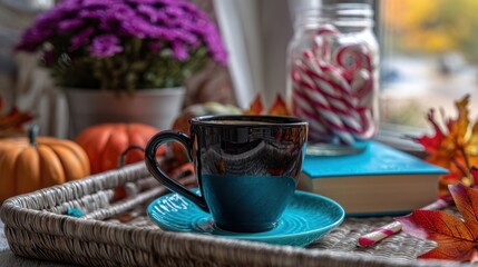 The cozy coffee cup surrounded by autumn decor and seasonal delights