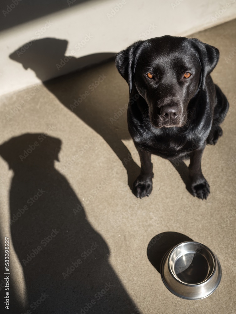 Poster labrador patiently waits next to empty bowl showing food shadow shape on minimalistic background