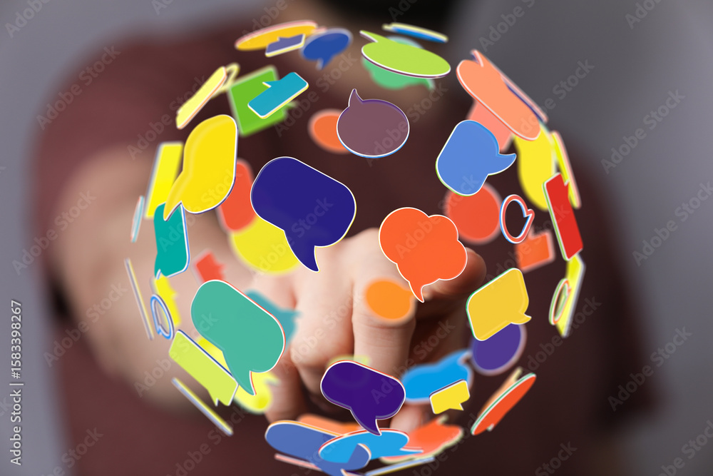 Poster abstract image of colorful speech bubbles forming a global network, symbolizing communication and co