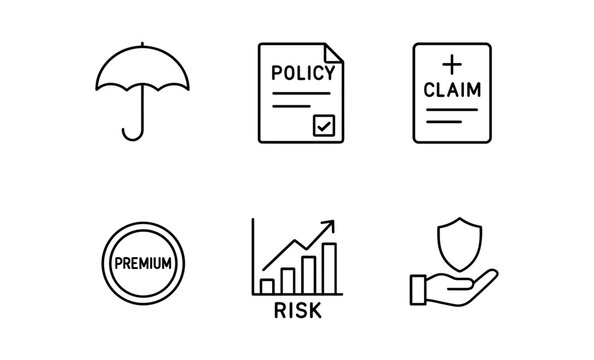Essential insurance icons: policy, claim, premium, and risk management symbols
