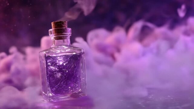 Magic potion bottle with glowing purple liquid and swirling smoke, fantasy elixir in glass jar with cork stopper, mystical vapor, magical atmosphere, enchanted alchemy scene, dreamy purple background