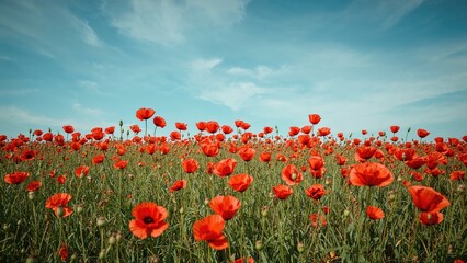 Vast field of vibrant red poppies blooming under a clear blue sky with scattered fluffy clouds in the background