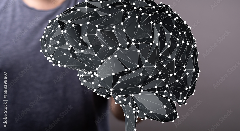 Poster digital brain model. artificial intelligence, neural network, data analysis concept.