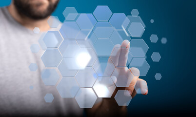 Person using futuristic touchscreen interface.  Modern technology concept.