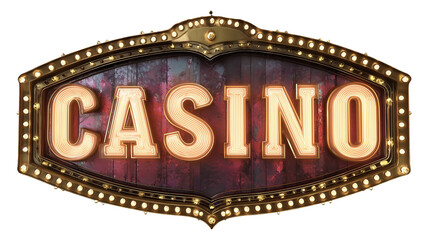 Vintage retro casino sign with glowing neon lights isolated on transparent background.