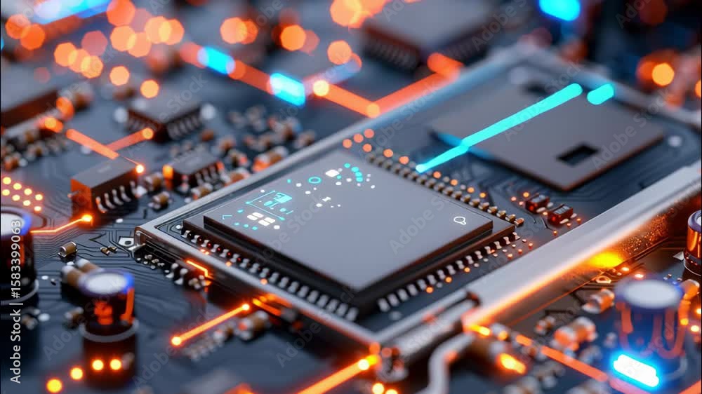 Poster close-up view of a circuit board with glowing components and modern microchips