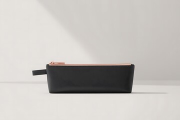 Black zippered pencil case with rose gold zipper and pull tab minimalist design studio product photography neutral background