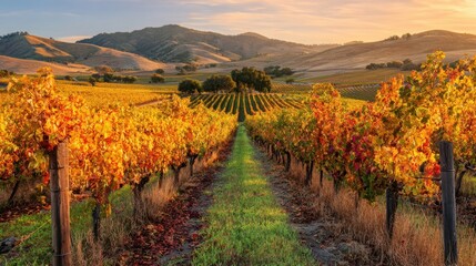 The Vibrant Vineyard Landscape Displaying Autumn's Rich Colors and Tranquil Harmony