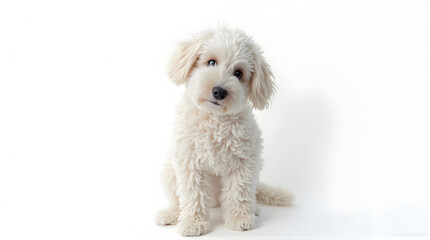Obraz premium Cute White Puppy Sitting and Looking at Camera on White Background