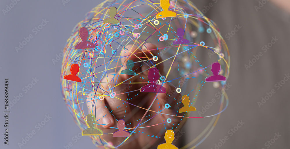 Poster illustrative image of a global network, showing interconnected people. ideal for concepts of network