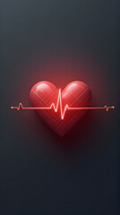 Red Heart with Illuminated Pulse Line on Dark Background
