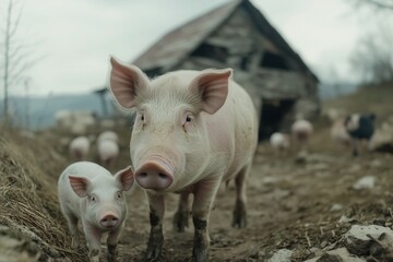 Farm Pigs in Rustic Setting: A tender scene unfolds as a mother pig and her adorable piglet stand amidst a rustic landscape, offering a glimpse into farm life, conveying themes of nurturing, animal.
