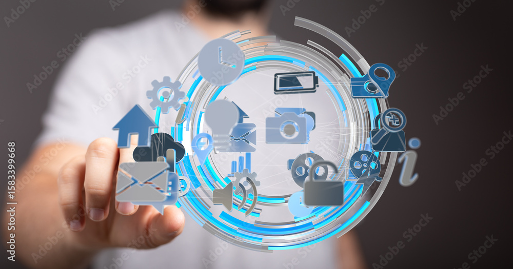 Poster close-up of a person interacting with a digital interface showing various app icons and network conn