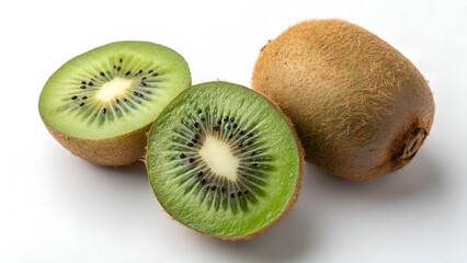 Fototapeta premium Sliced Kiwi Fruit with Black Seeds and Whole Kiwi on White Background – Fresh Healthy Superfood