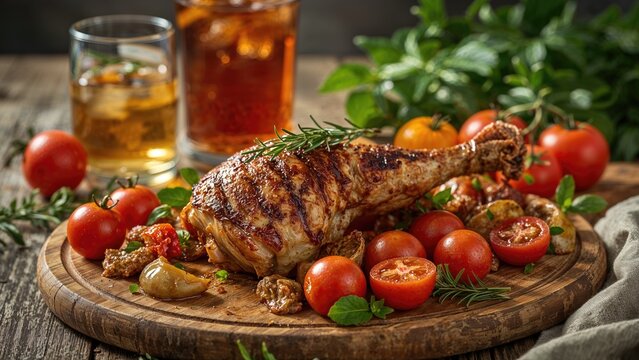 Charred chicken legs infused with rosemary accompanied by tomatoes