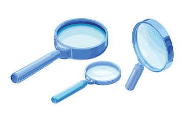 isometric set of magnifying glasses in blue color variations