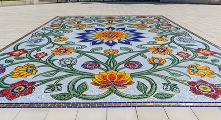 Vibrant mosaic artwork depicting a stunning floral design, intricate details in colorful tiles create a captivating visual experience. The pattern is symmetrically arranged on a light blue background.