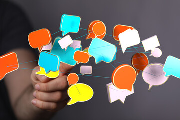 Abstract image of interconnected speech bubbles, symbolizing global communication and networking.