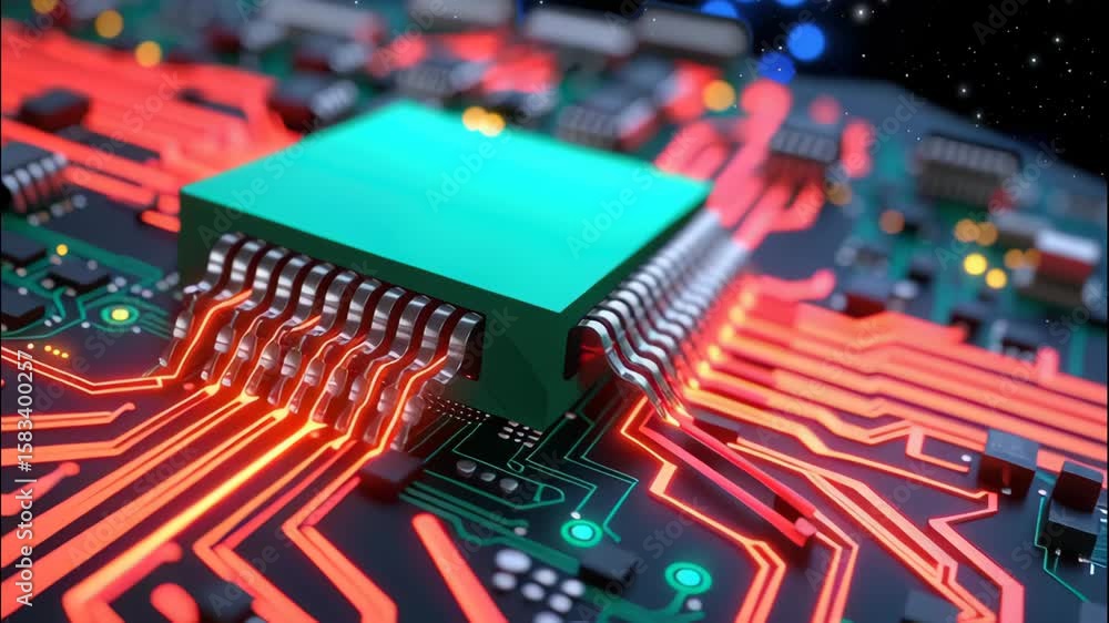 Poster close-up view of green computer chip on circuit board with red electrical traces and lights