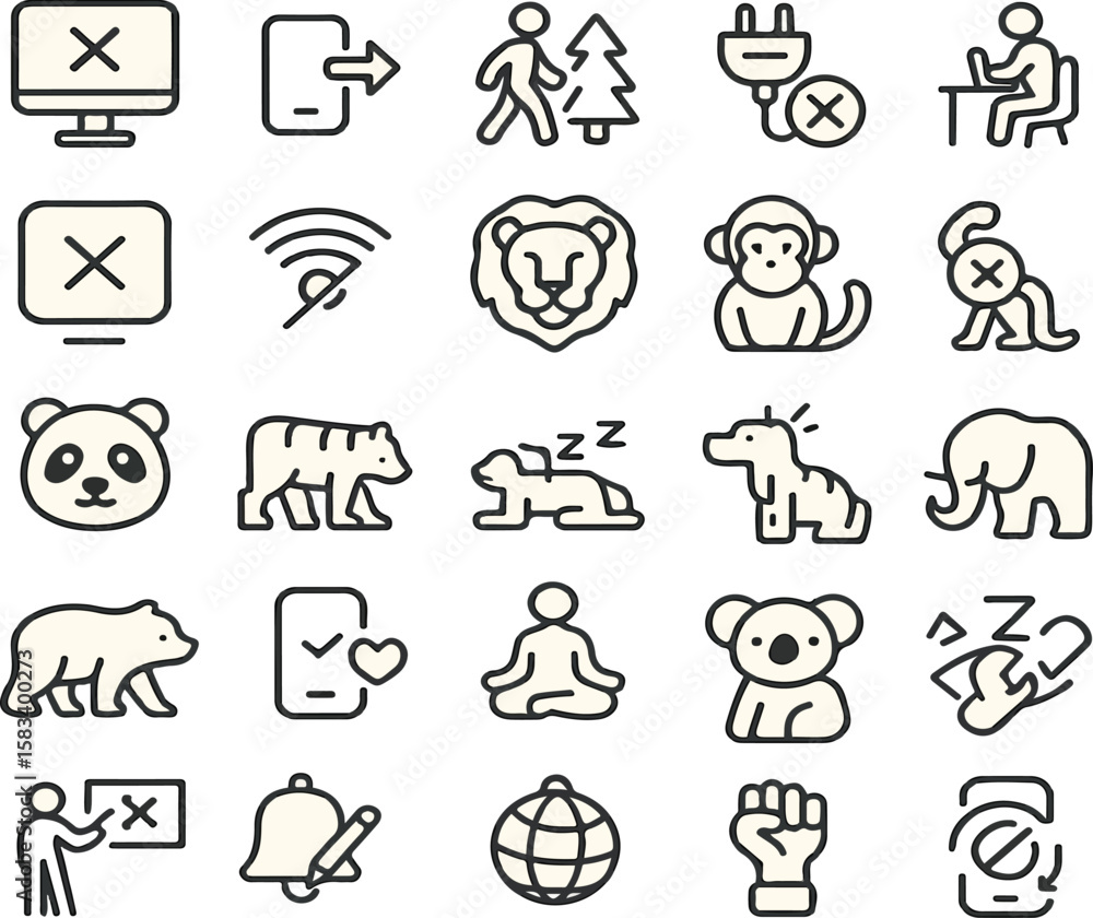 Fototapete Collection of diverse outline icons displaying concepts like animals, communication, environment and technology in a clean and modern style.
