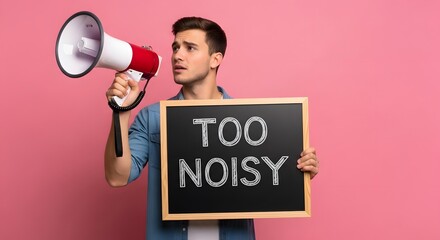 Young man holds a chalkboard saying Too Noisy while using a megaphone, expressing his frustration about excessive noise levels. A pink background enhances the visual impact.