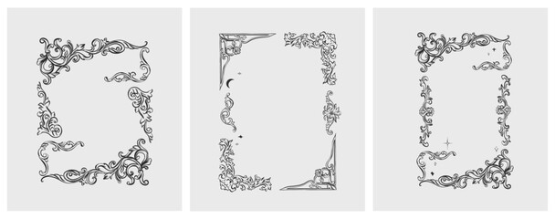 Hand drawn vector abstract outline,graphic,line vintage baroque ornament floral frame in calligraphic elegant modern style.Baroque floral vintage outline design concept.Vector antique frame isolated.