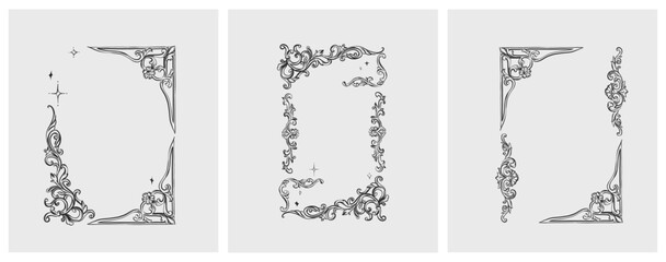 Hand drawn vector abstract outline,graphic,line vintage baroque ornament floral frame in calligraphic elegant modern style.Baroque floral vintage outline design concept.Vector antique frame isolated.