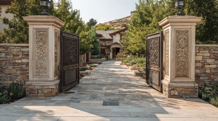 Elegant stone entrance with ornate gates leading to a beautiful home surrounded by lush greenery.