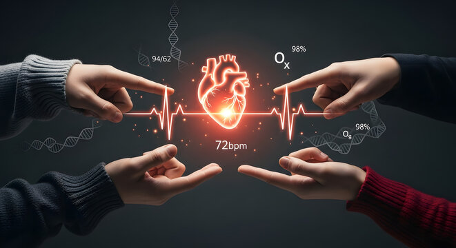 Four hands reach towards a glowing heart with a heartbeat - Powered by Adobe