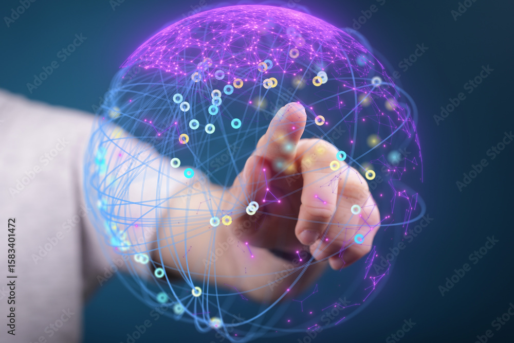 Poster abstract image of a hand interacting with a digital sphere representing global network connections a