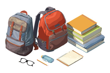 isometric school supplies with backpack, books, and stationery on white background