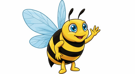 Fototapeta premium Cartoon Bee Waving with Blue Wings and Black Stripes on Yellow Body
