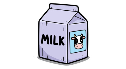 Cartoon Milk Carton with Cow Illustration, Light Purple Packaging, Black Lettering