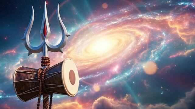 Cosmic Divine Symbols: Mystical Trident and Damaru Drum Against a Vibrant Swirling Galaxy Background