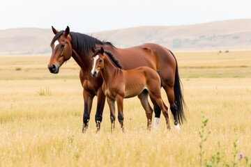 Fototapeta premium A mare and her foal stand close together in a wheat field with wildflowers scattered around. The background shows a soft, rolling landscape under a bright sky