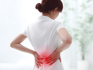 腰に手を当てて痛みを訴える白衣の日本人女性