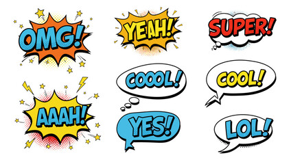 Obraz premium Collection of Eight Vibrant Comic Book Speech Bubbles with Exclamations