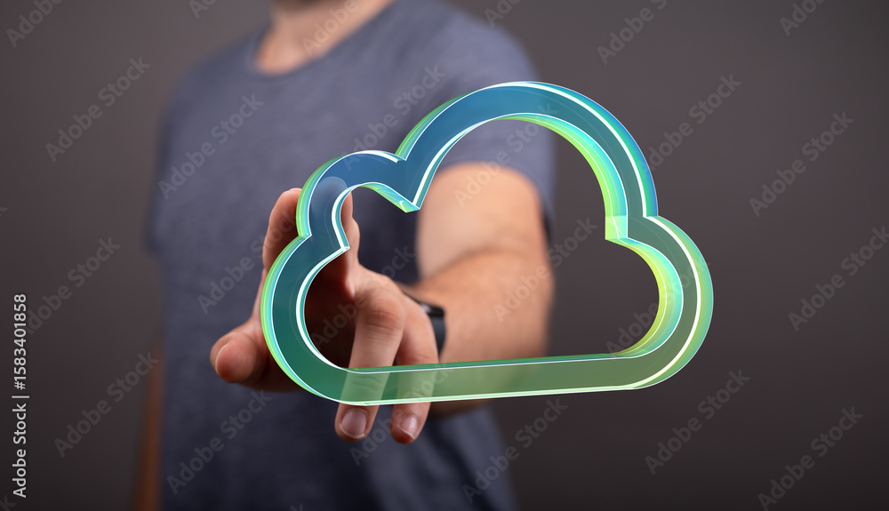 Poster image of a person interacting with a digital cloud icon, representing cloud computing, data storage,