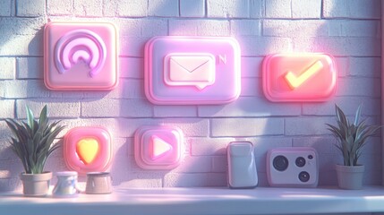 Neon icons glow on a white brick wall with plants
