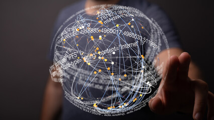 A person interacts with a futuristic holographic globe, showcasing global network connections and data streams.