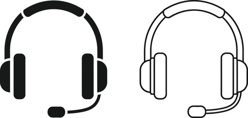 Headset Icon Pair – Solid and Outline Microphone-Equipped Designs for Audio Chat, Customer Support, Gaming, and UI Communication