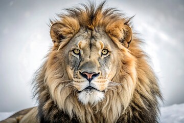 A majestic male lion gazes forward with piercing eyes and regal mane