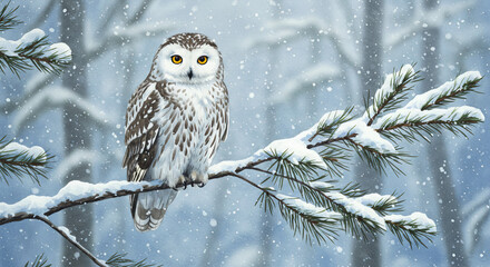 Watercolor snowy owl perched on pine branch in winter forest with falling snow