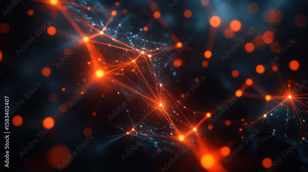 Poster network glowing nodes connected by lines in deep space