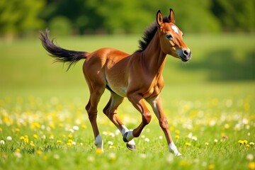 Obraz premium A little foal gallops quickly through a green field with wildflowers scattered around. The sunlight shines warmly on the scene