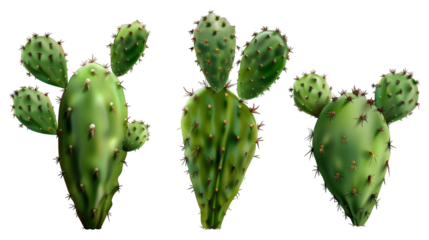 Set of Green Tropical Cactus Plants Isolated on Transparent Background